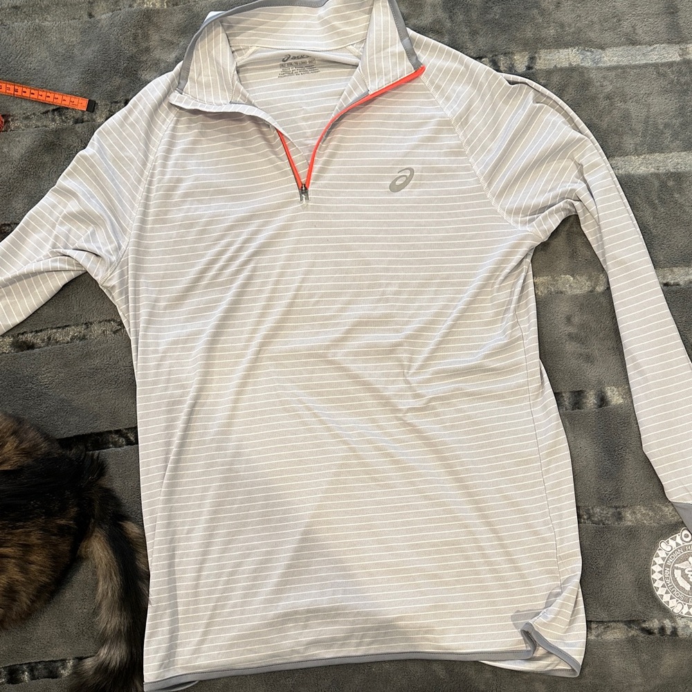 ASICS Mens Light Gray Striped Long Sleeve Running Shirt XLT thumb holes  Pocket